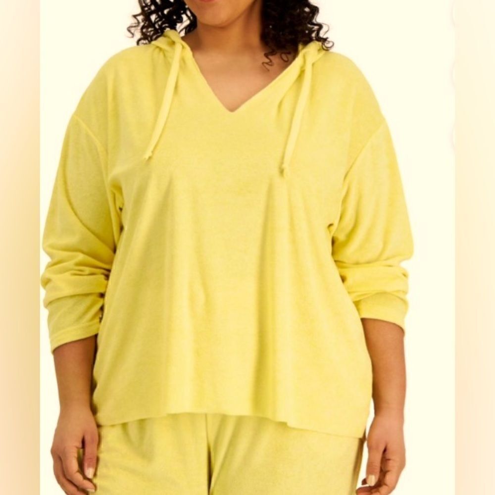 🛍️Rebellious one Trendy plus Size loop Terry comfy hooded V Neck pullover 🛍️